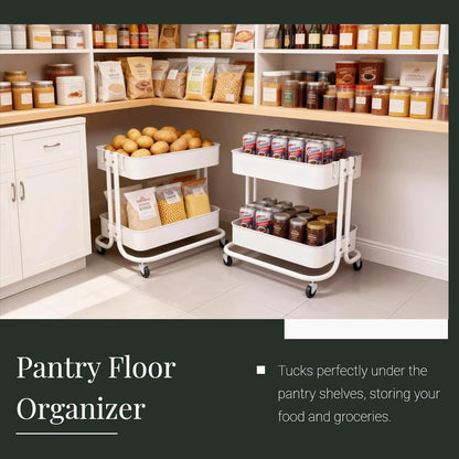 2 Tier Short Rolling Cart with Wheels for Under Desk Storage & Pantry Storage, Large Capacity Metal Kitchen Utility Cart for Small Space, Laundry Room Organizer Side Table with 4 Hooks, White