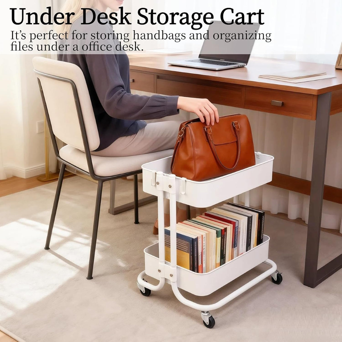 2 Tier Short Rolling Cart with Wheels for Under Desk Storage & Pantry Storage, Large Capacity Metal Kitchen Utility Cart for Small Space, Laundry Room Organizer Side Table with 4 Hooks, White