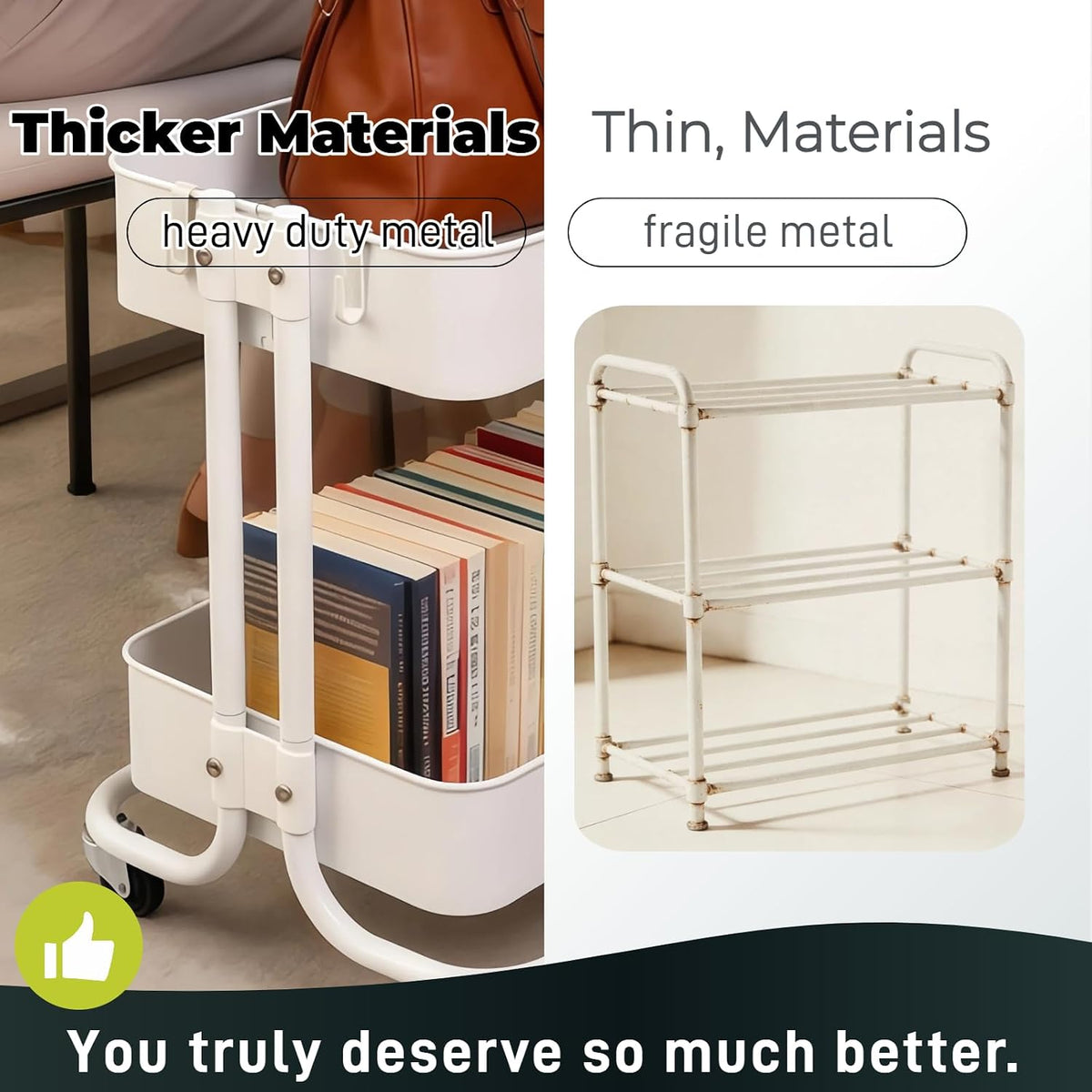 2 Tier Short Rolling Cart with Wheels for Under Desk Storage & Pantry Storage, Large Capacity Metal Kitchen Utility Cart for Small Space, Laundry Room Organizer Side Table with 4 Hooks, White