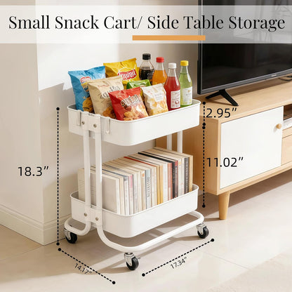 2 Tier Short Rolling Cart with Wheels for Under Desk Storage & Pantry Storage, Large Capacity Metal Kitchen Utility Cart for Small Space, Laundry Room Organizer Side Table with 4 Hooks, White
