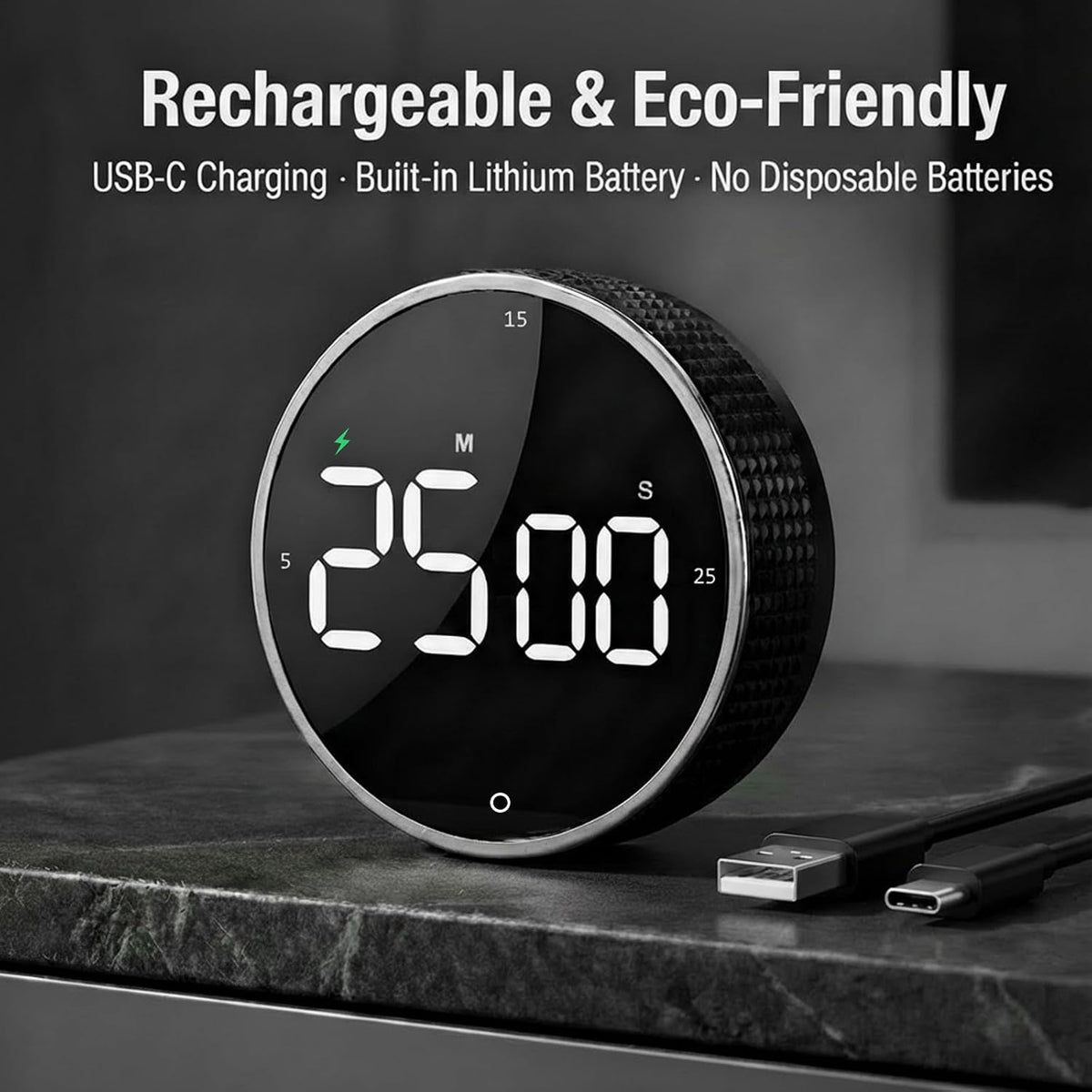 Rechargeable Magnetic Kitchen Timer with Rotary Dial, LED Display