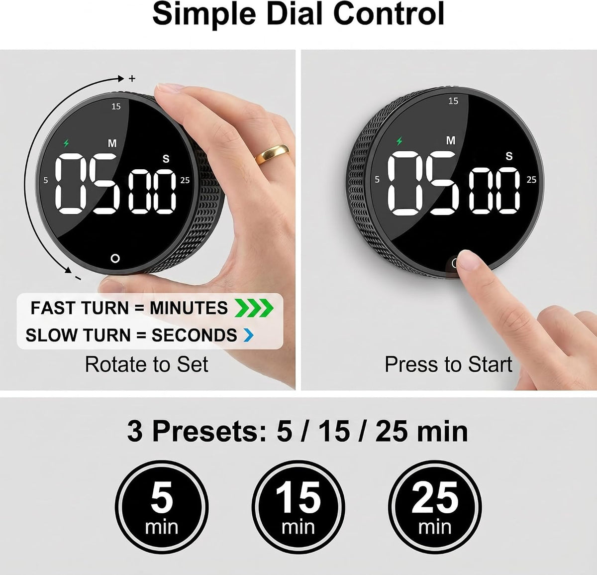 Rechargeable Magnetic Kitchen Timer with Rotary Dial, LED Display