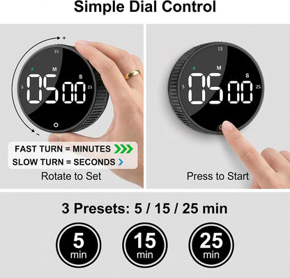 Rechargeable Magnetic Kitchen Timer with Rotary Dial, LED Display