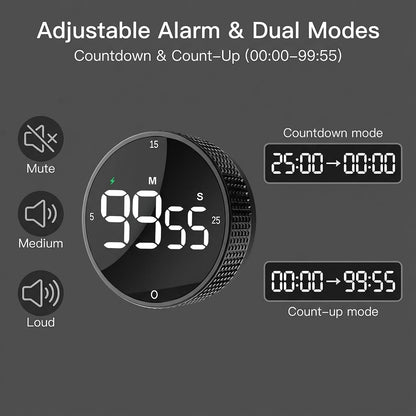 Rechargeable Magnetic Kitchen Timer with Rotary Dial, LED Display