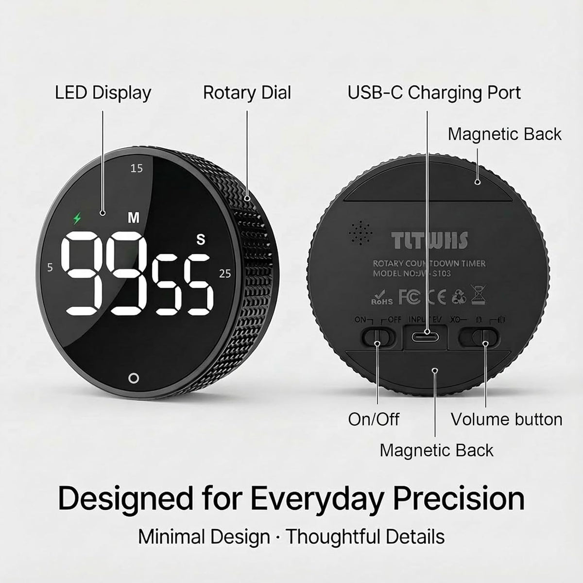 Rechargeable Magnetic Kitchen Timer with Rotary Dial, LED Display