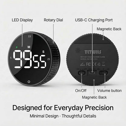 Rechargeable Magnetic Kitchen Timer with Rotary Dial, LED Display