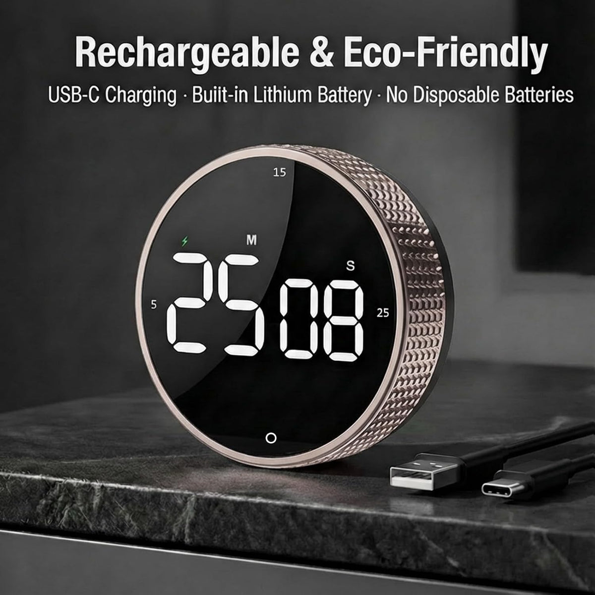 Rechargeable Magnetic Kitchen Timer with Rotary Dial, LED Display