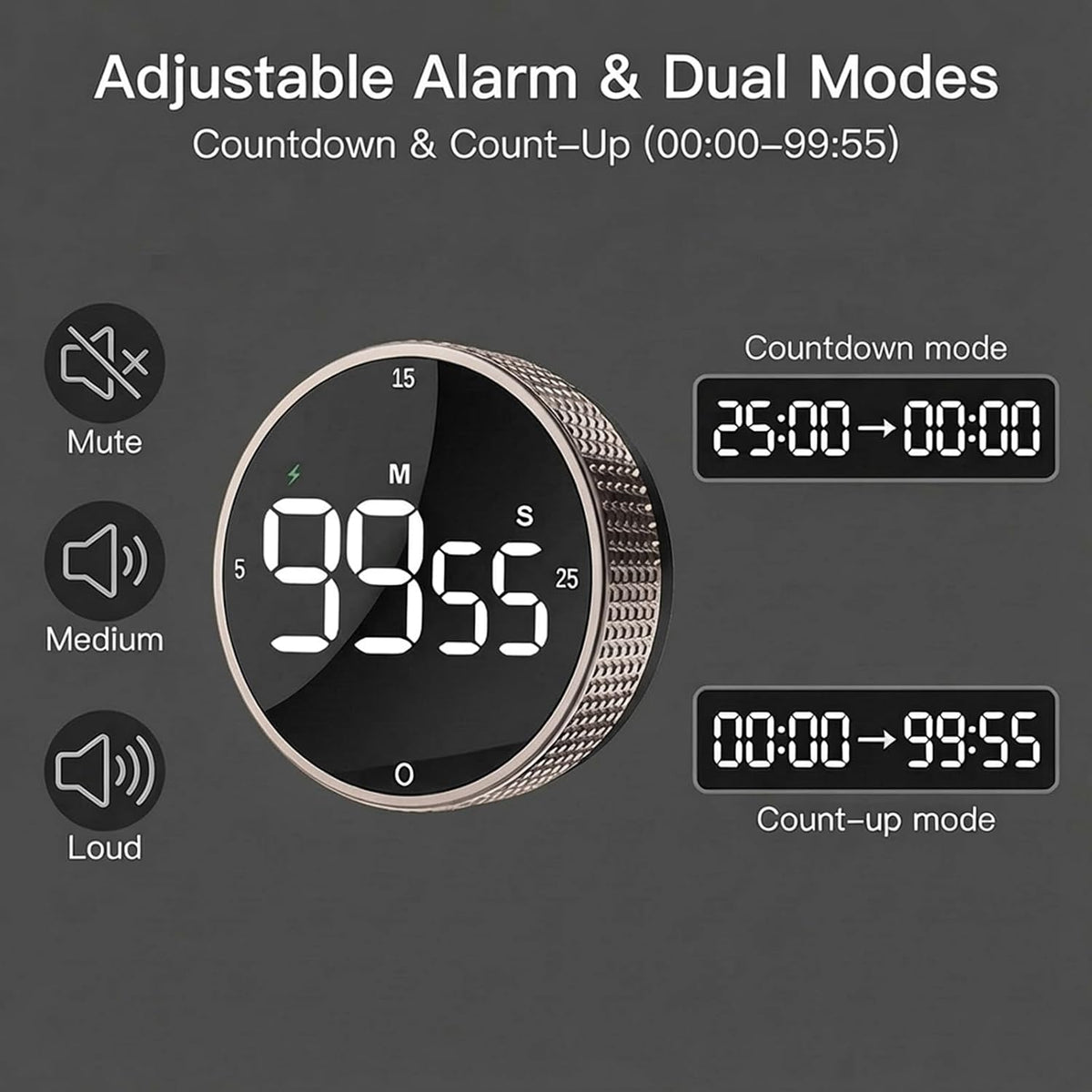 Rechargeable Magnetic Kitchen Timer with Rotary Dial, LED Display