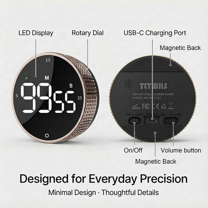 Rechargeable Magnetic Kitchen Timer with Rotary Dial, LED Display