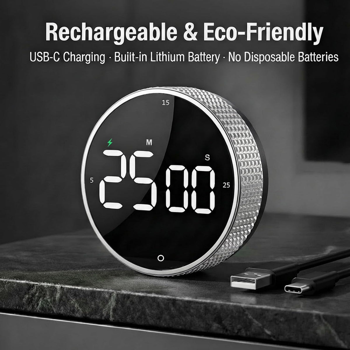 Rechargeable Magnetic Kitchen Timer with Rotary Dial, LED Display