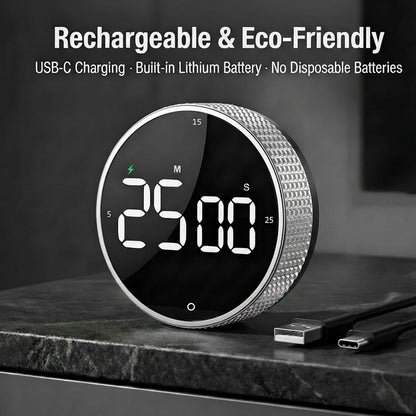 Rechargeable Magnetic Kitchen Timer with Rotary Dial, LED Display