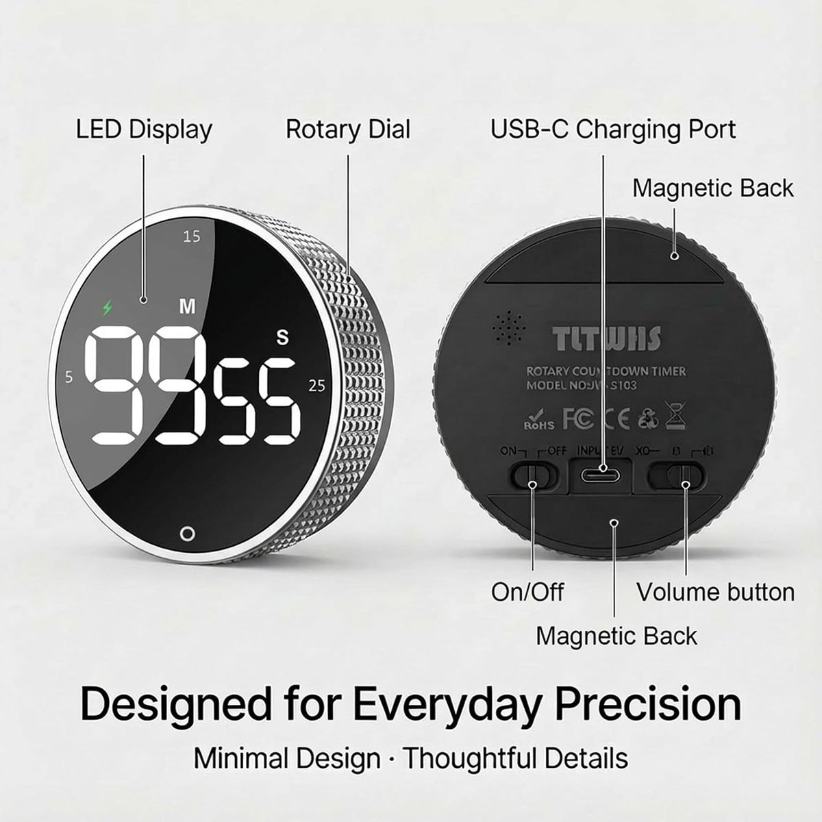 Rechargeable Magnetic Kitchen Timer with Rotary Dial, LED Display