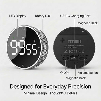 Rechargeable Magnetic Kitchen Timer with Rotary Dial, LED Display