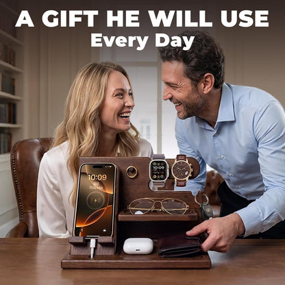 Wood Phone Docking Station for Men - Desk or Nightstand Organizer - Birthday Gifts for Husband, Dad - Anniversary Idea from Wife - Key Holder, Stand Wallet, Watch & Essentials (Bourbon Brown)