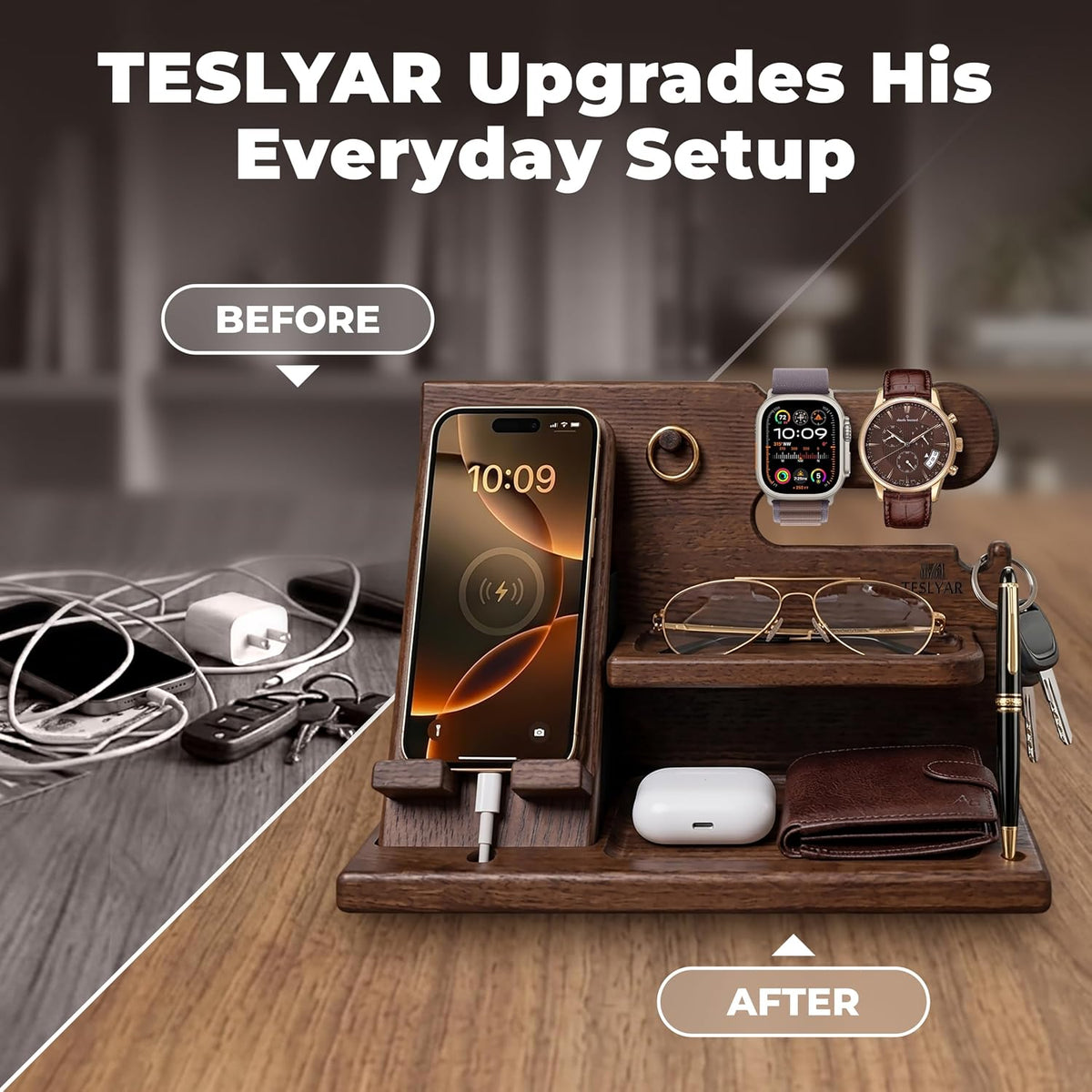 Wood Phone Docking Station for Men - Desk or Nightstand Organizer - Birthday Gifts for Husband, Dad - Anniversary Idea from Wife - Key Holder, Stand Wallet, Watch & Essentials (Bourbon Brown)