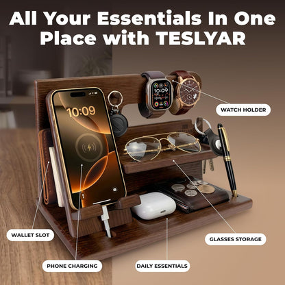 Wood Phone Docking Station for Men - Desk or Nightstand Organizer - Birthday Gifts for Husband, Dad - Anniversary Idea from Wife - Key Holder, Stand Wallet, Watch & Essentials (Bourbon Brown)