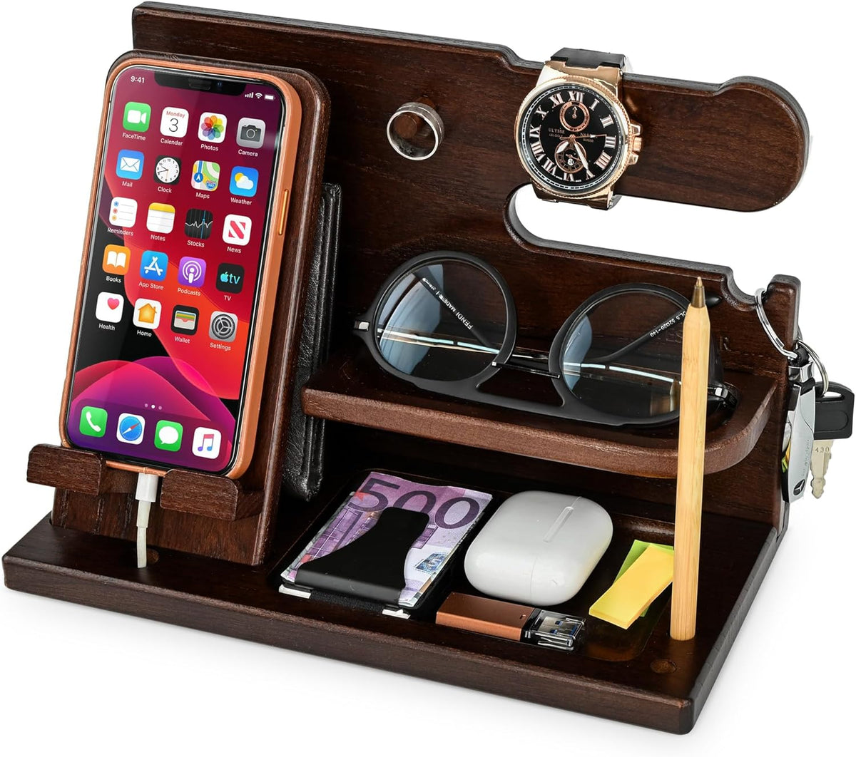 Wood Phone Docking Station for Men - Desk or Nightstand Organizer - Birthday Gifts for Husband, Dad - Anniversary Idea from Wife - Key Holder, Stand Wallet, Watch & Essentials (Bourbon Brown)