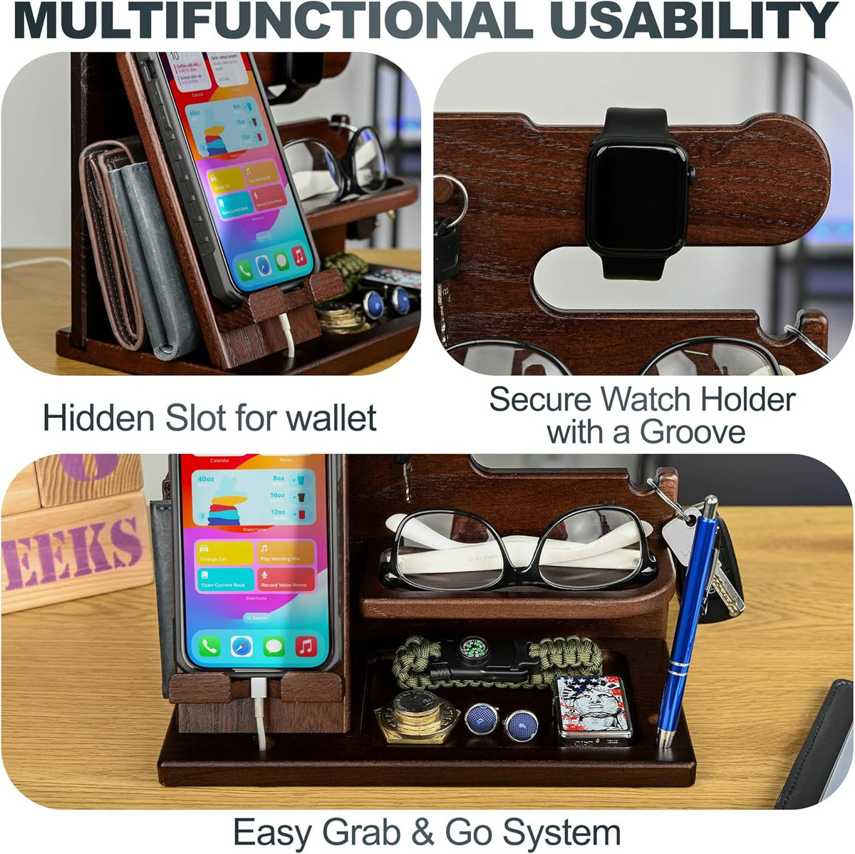 Wood Phone Docking Station for Men - Desk or Nightstand Organizer - Birthday Gifts for Husband, Dad - Anniversary Idea from Wife - Key Holder, Stand Wallet, Watch & Essentials (Bourbon Brown)