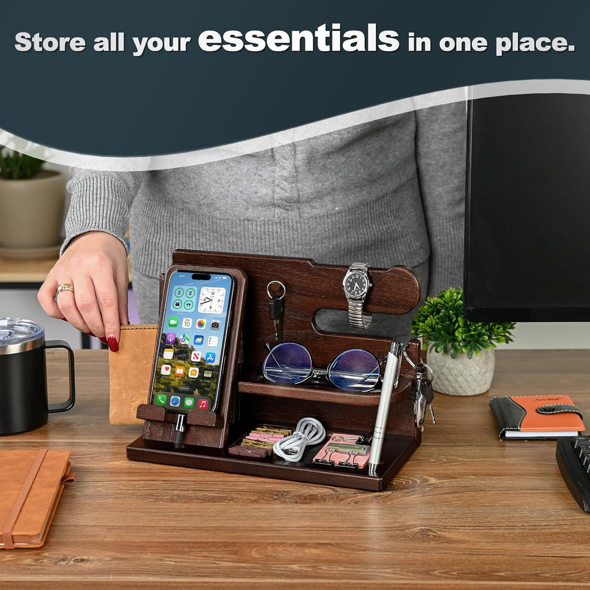 Wood Phone Docking Station for Men - Desk or Nightstand Organizer - Birthday Gifts for Husband, Dad - Anniversary Idea from Wife - Key Holder, Stand Wallet, Watch & Essentials (Bourbon Brown)