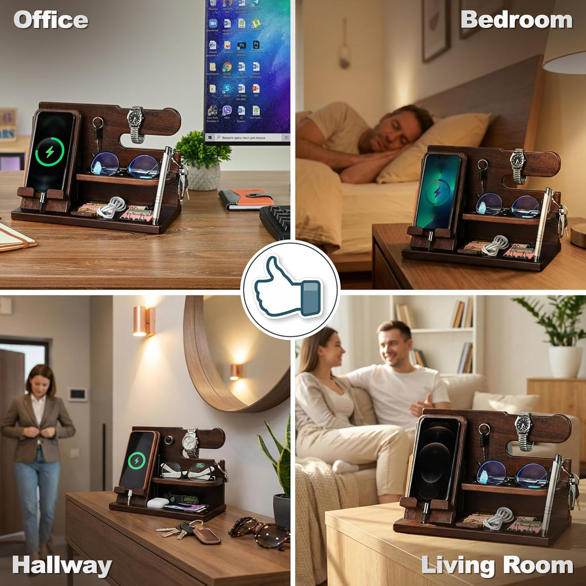 Wood Phone Docking Station for Men - Desk or Nightstand Organizer - Birthday Gifts for Husband, Dad - Anniversary Idea from Wife - Key Holder, Stand Wallet, Watch & Essentials (Bourbon Brown)