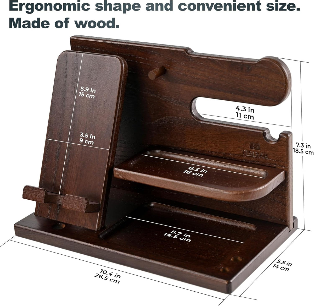 Wood Phone Docking Station for Men - Desk or Nightstand Organizer - Birthday Gifts for Husband, Dad - Anniversary Idea from Wife - Key Holder, Stand Wallet, Watch & Essentials (Bourbon Brown)