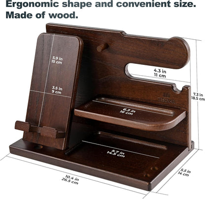 Wood Phone Docking Station for Men - Desk or Nightstand Organizer - Birthday Gifts for Husband, Dad - Anniversary Idea from Wife - Key Holder, Stand Wallet, Watch & Essentials (Bourbon Brown)