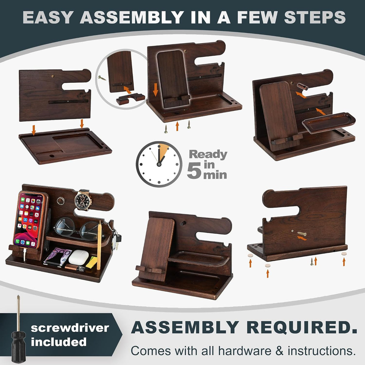 Wood Phone Docking Station for Men - Desk or Nightstand Organizer - Birthday Gifts for Husband, Dad - Anniversary Idea from Wife - Key Holder, Stand Wallet, Watch & Essentials (Bourbon Brown)