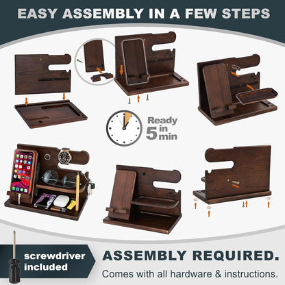 Wood Phone Docking Station for Men - Desk or Nightstand Organizer - Birthday Gifts for Husband, Dad - Anniversary Idea from Wife - Key Holder, Stand Wallet, Watch & Essentials (Bourbon Brown)