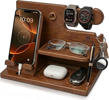 Wood Phone Docking Station for Men - Desk or Nightstand Organizer - Birthday Gifts for Husband, Dad - Anniversary Idea from Wife - Key Holder, Stand Wallet, Watch & Essentials (Bourbon Brown)