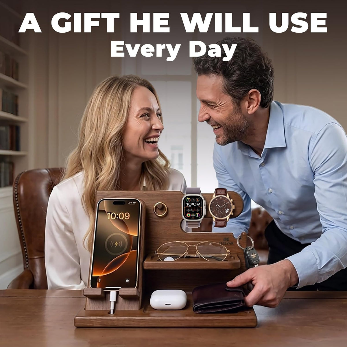 Wood Phone Docking Station for Men - Desk or Nightstand Organizer - Birthday Gifts for Husband, Dad - Anniversary Idea from Wife - Key Holder, Stand Wallet, Watch & Essentials (Bourbon Brown)
