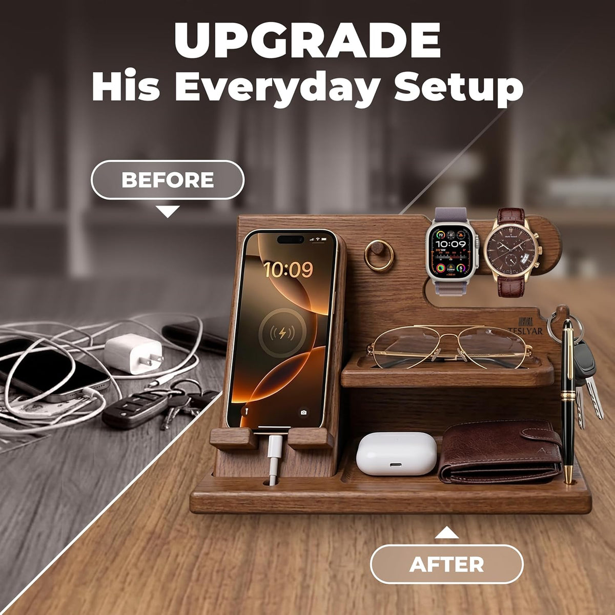 Wood Phone Docking Station for Men - Desk or Nightstand Organizer - Birthday Gifts for Husband, Dad - Anniversary Idea from Wife - Key Holder, Stand Wallet, Watch & Essentials (Bourbon Brown)