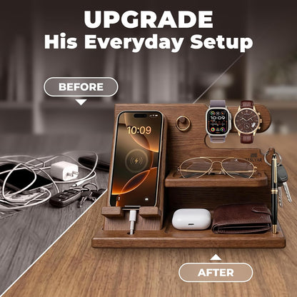Wood Phone Docking Station for Men - Desk or Nightstand Organizer - Birthday Gifts for Husband, Dad - Anniversary Idea from Wife - Key Holder, Stand Wallet, Watch & Essentials (Bourbon Brown)