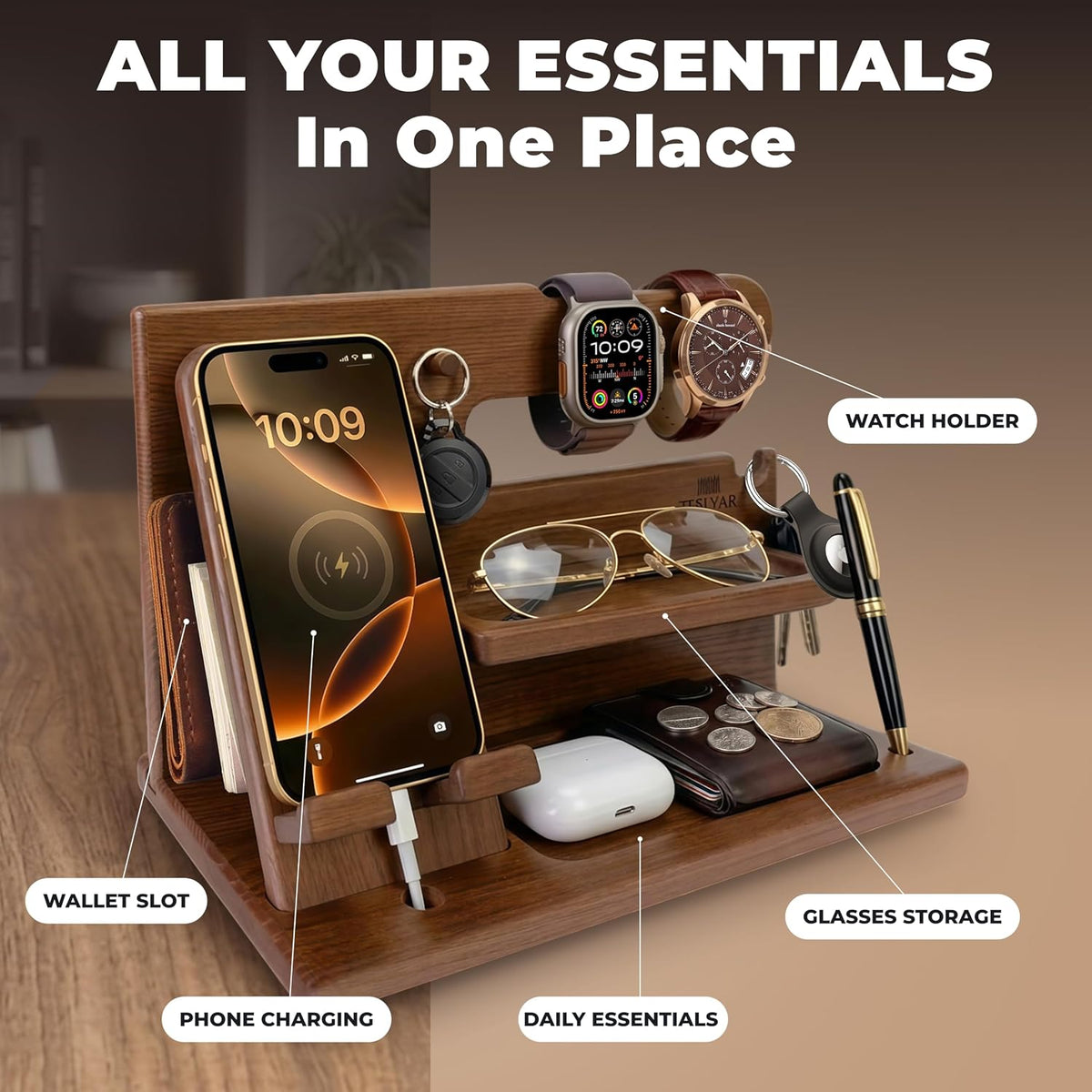 Wood Phone Docking Station for Men - Desk or Nightstand Organizer - Birthday Gifts for Husband, Dad - Anniversary Idea from Wife - Key Holder, Stand Wallet, Watch & Essentials (Bourbon Brown)