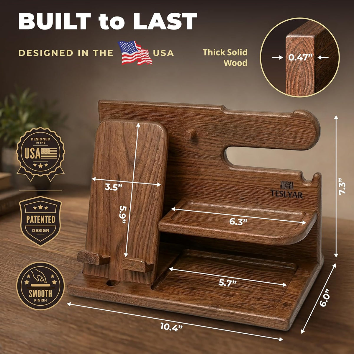 Wood Phone Docking Station for Men - Desk or Nightstand Organizer - Birthday Gifts for Husband, Dad - Anniversary Idea from Wife - Key Holder, Stand Wallet, Watch & Essentials (Bourbon Brown)