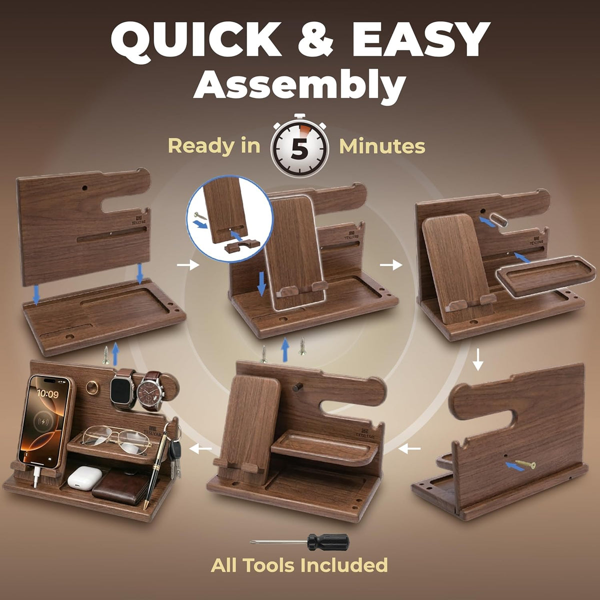 Wood Phone Docking Station for Men - Desk or Nightstand Organizer - Birthday Gifts for Husband, Dad - Anniversary Idea from Wife - Key Holder, Stand Wallet, Watch & Essentials (Bourbon Brown)