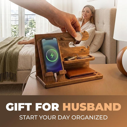 Wood Phone Docking Station for Men - Desk or Nightstand Organizer - Birthday Gifts for Husband, Dad - Anniversary Idea from Wife - Key Holder, Stand Wallet, Watch & Essentials (Bourbon Brown)