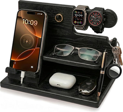 Wood Phone Docking Station for Men - Desk or Nightstand Organizer - Birthday Gifts for Husband, Dad - Anniversary Idea from Wife - Key Holder, Stand Wallet, Watch & Essentials (Bourbon Brown)