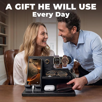 Wood Phone Docking Station for Men - Desk or Nightstand Organizer - Birthday Gifts for Husband, Dad - Anniversary Idea from Wife - Key Holder, Stand Wallet, Watch & Essentials (Bourbon Brown)