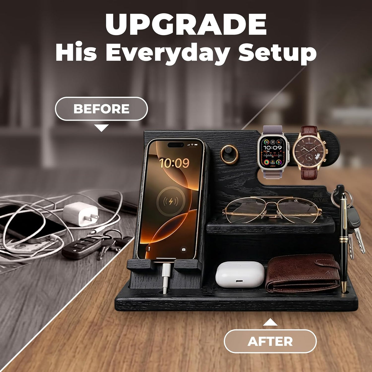 Wood Phone Docking Station for Men - Desk or Nightstand Organizer - Birthday Gifts for Husband, Dad - Anniversary Idea from Wife - Key Holder, Stand Wallet, Watch & Essentials (Bourbon Brown)