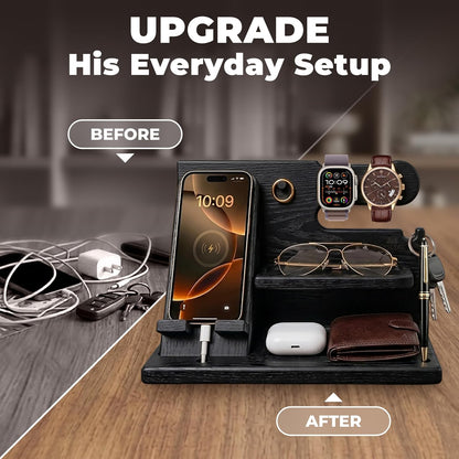 Wood Phone Docking Station for Men - Desk or Nightstand Organizer - Birthday Gifts for Husband, Dad - Anniversary Idea from Wife - Key Holder, Stand Wallet, Watch & Essentials (Bourbon Brown)