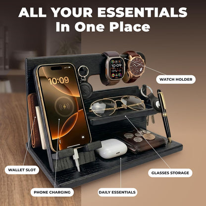 Wood Phone Docking Station for Men - Desk or Nightstand Organizer - Birthday Gifts for Husband, Dad - Anniversary Idea from Wife - Key Holder, Stand Wallet, Watch & Essentials (Bourbon Brown)