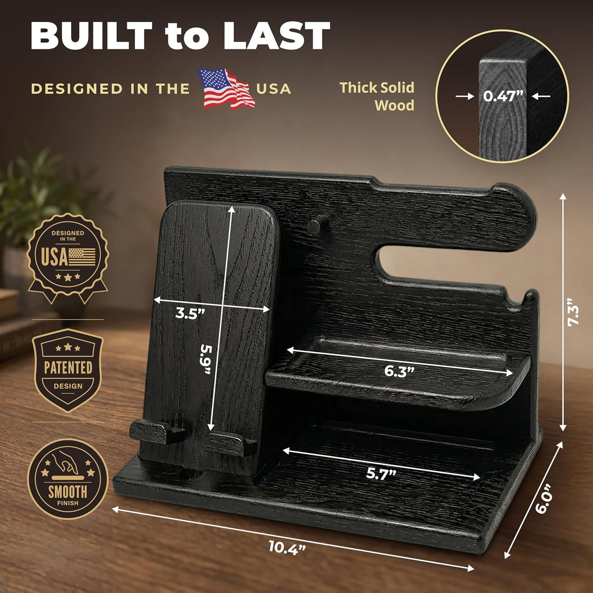 Wood Phone Docking Station for Men - Desk or Nightstand Organizer - Birthday Gifts for Husband, Dad - Anniversary Idea from Wife - Key Holder, Stand Wallet, Watch & Essentials (Bourbon Brown)