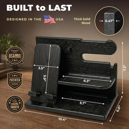 Wood Phone Docking Station for Men - Desk or Nightstand Organizer - Birthday Gifts for Husband, Dad - Anniversary Idea from Wife - Key Holder, Stand Wallet, Watch & Essentials (Bourbon Brown)