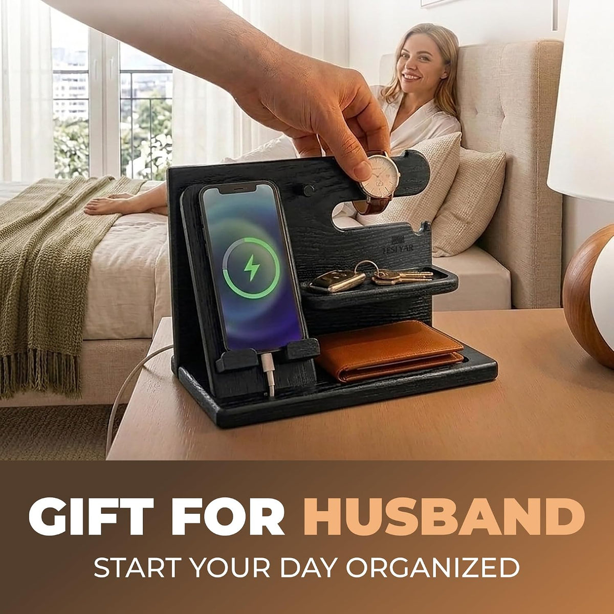 Wood Phone Docking Station for Men - Desk or Nightstand Organizer - Birthday Gifts for Husband, Dad - Anniversary Idea from Wife - Key Holder, Stand Wallet, Watch & Essentials (Bourbon Brown)
