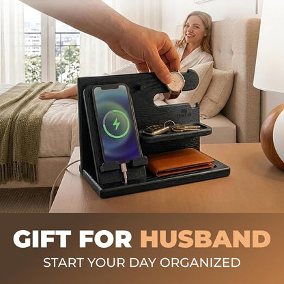 Wood Phone Docking Station for Men - Desk or Nightstand Organizer - Birthday Gifts for Husband, Dad - Anniversary Idea from Wife - Key Holder, Stand Wallet, Watch & Essentials (Bourbon Brown)