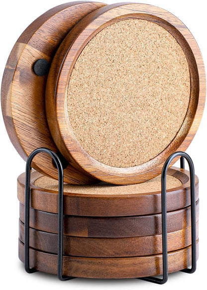 Wood Cork Coasters for Drinks Absorbent with Holder, Acacia Wood Coaster Sets Rustic Farmhouse for Coffee Table Dining Table Wooden Table Coasters for Desk, Set of 6 4.33in