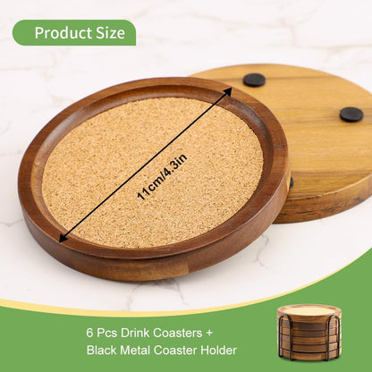 Wood Cork Coasters for Drinks Absorbent with Holder, Acacia Wood Coaster Sets Rustic Farmhouse for Coffee Table Dining Table Wooden Table Coasters for Desk, Set of 6 4.33in