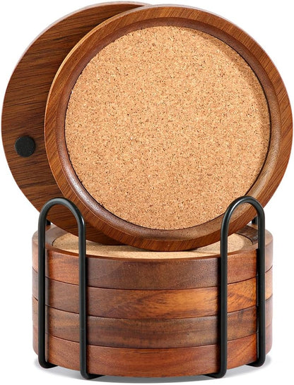 Wood Cork Coasters for Drinks Absorbent with Holder, Acacia Wood Coaster Sets Rustic Farmhouse for Coffee Table Dining Table Wooden Table Coasters for Desk, Set of 6 4.33in