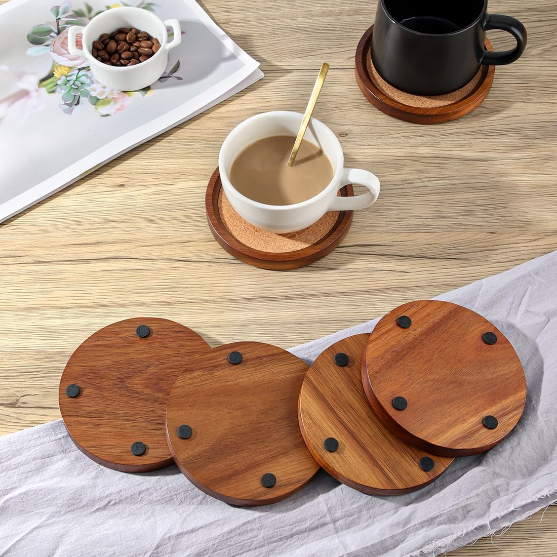 Wood Cork Coasters for Drinks Absorbent with Holder, Acacia Wood Coaster Sets Rustic Farmhouse for Coffee Table Dining Table Wooden Table Coasters for Desk, Set of 6 4.33in