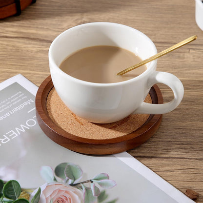 Wood Cork Coasters for Drinks Absorbent with Holder, Acacia Wood Coaster Sets Rustic Farmhouse for Coffee Table Dining Table Wooden Table Coasters for Desk, Set of 6 4.33in